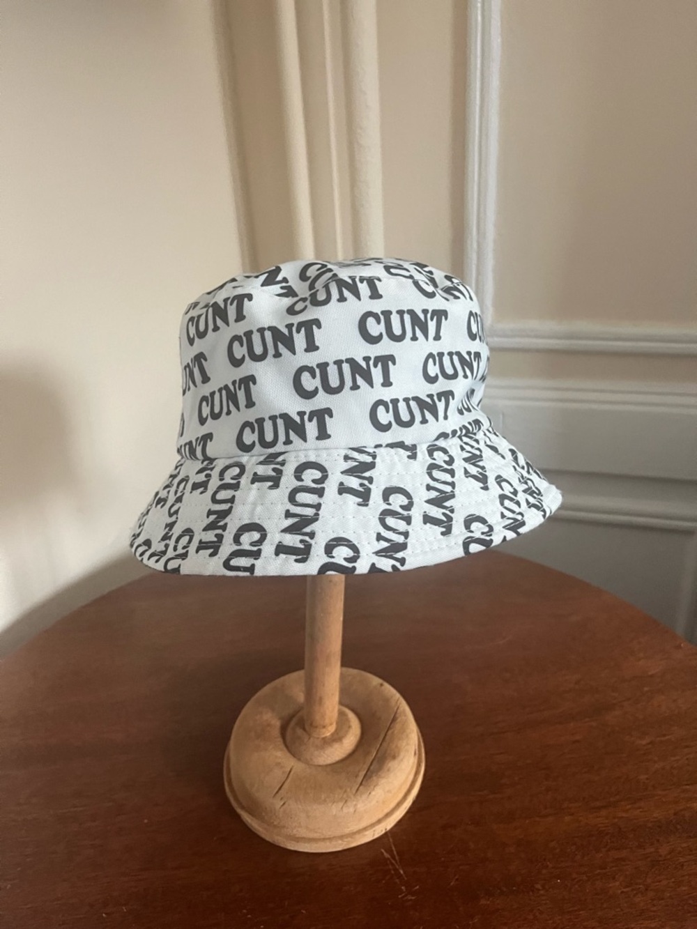 Statement White Bucket Hat with Black All-Over Text ideal LONDON WEAR…